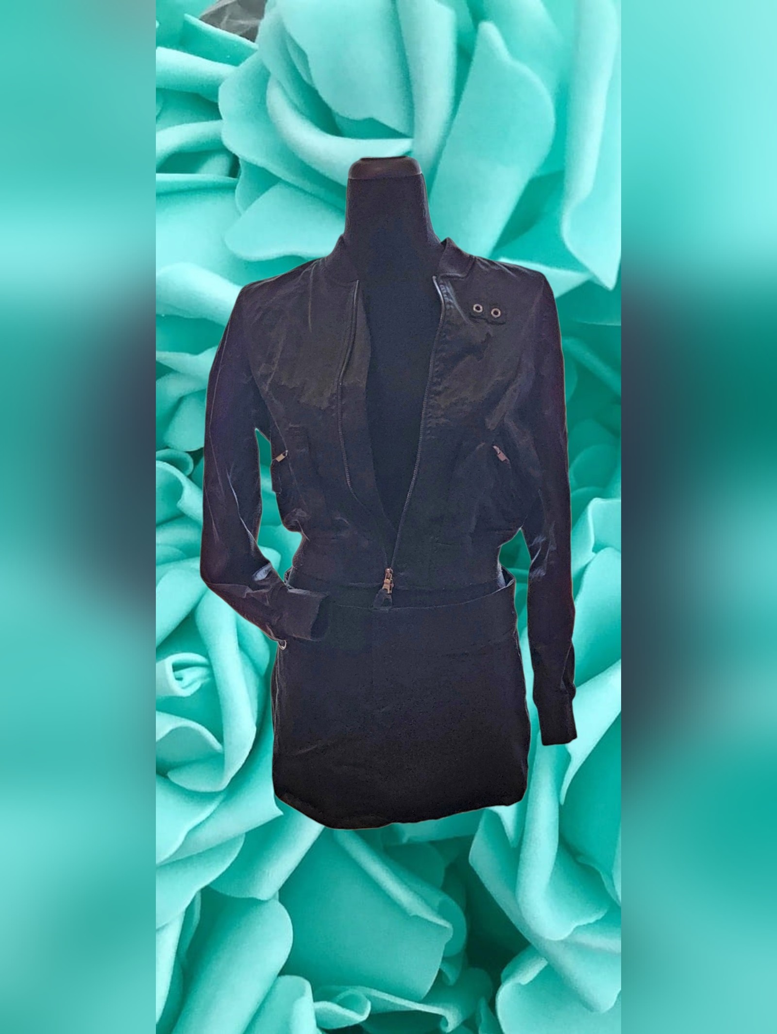 Rare Vintage Guess 2pc Black Bomber Jacket (Size M) & Mini Skirt (Size 31) Set